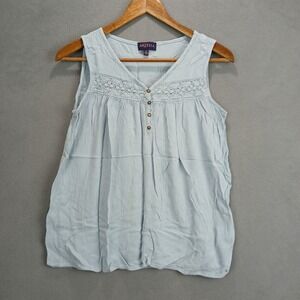 Artesia Blouse Top Womens Medium‎ Light Blue Rayon Lace Detail V Neck Pleated